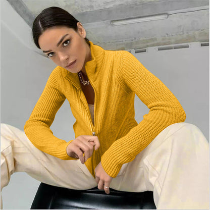 Women’s Cardigan – Fitted Knit – High Collar – Ribbed Texture – Zipper Front – Long Sleeve