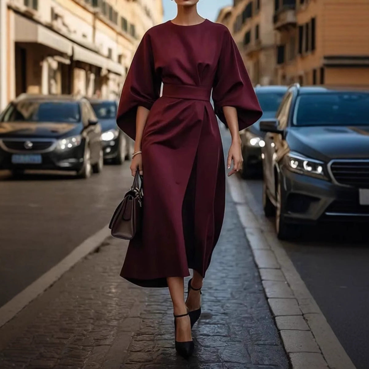 Fitted Waist Draped Silhouette Long Dress