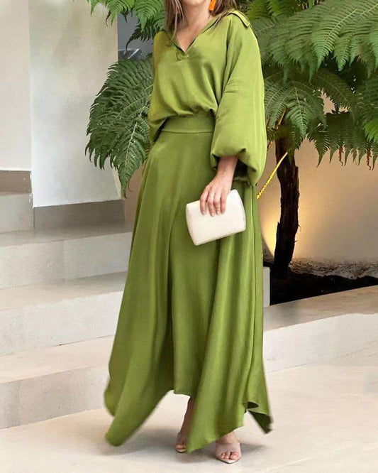Silk Blend Flowing A-Line Maxi Skirt Set