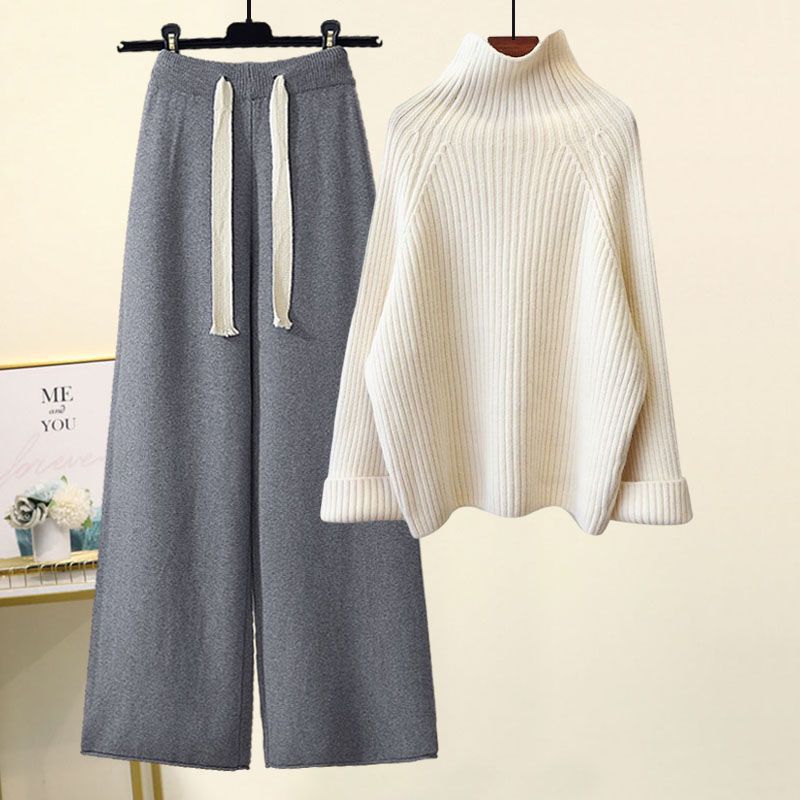 Women's high-neck knit sweater and wide-leg pants set