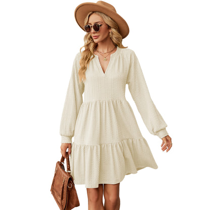 Women's Long-Sleeve Tiered Dress - V-Neck - Flowy Relaxed Fit - Elegant Casual Wear