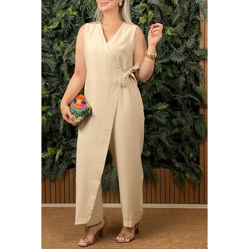 Lightweight Cotton Blend Wrap Jumpsuit