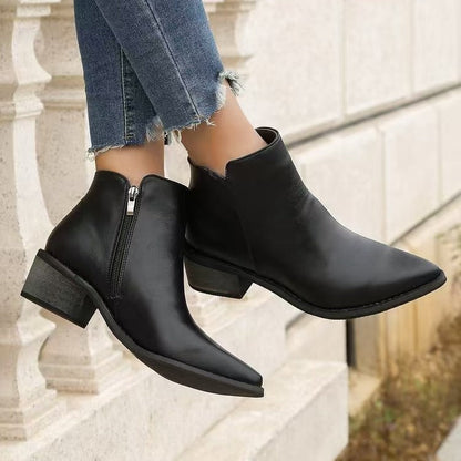 Women’s Ankle Boots - Leather - Pointed Toe - Low Block Heel