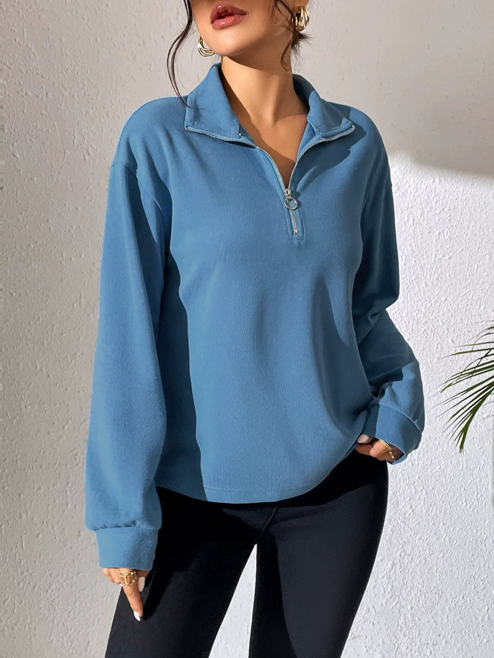 Relaxed Cotton Blend Half-Zip Pullover Top 