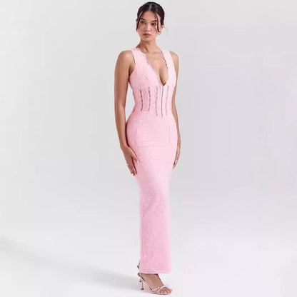 Women’s Lace Dress – Fitted High Waist – Plunging Neckline – Full Length Formal Gown