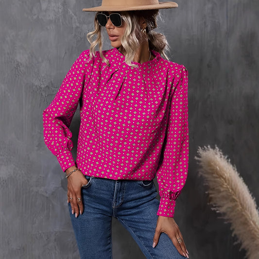 Pleated High Neck Lightweight Printed Blouse