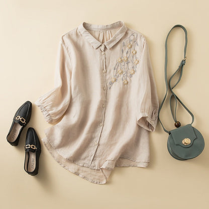 Women’s Button-Up Shirt – Natural Fibers – Relaxed Fit – Mid Sleeve – Embroidered Design