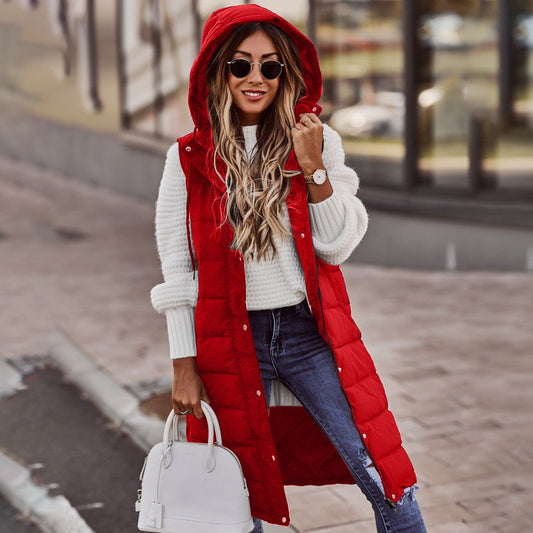 Hooded Single-Breasted Mid-Length Vest Jacket