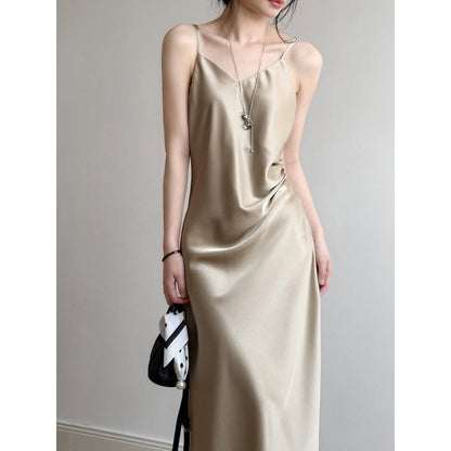 Women’s Camisole Dress – Satin Fabric – Full Length – A-Line Draped Fit – Spaghetti Strap