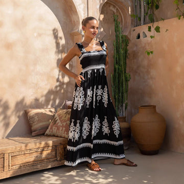 Women’s Sundress – Lightweight Cotton – Ruched Bodice – A-Line Fit – Printed Hem