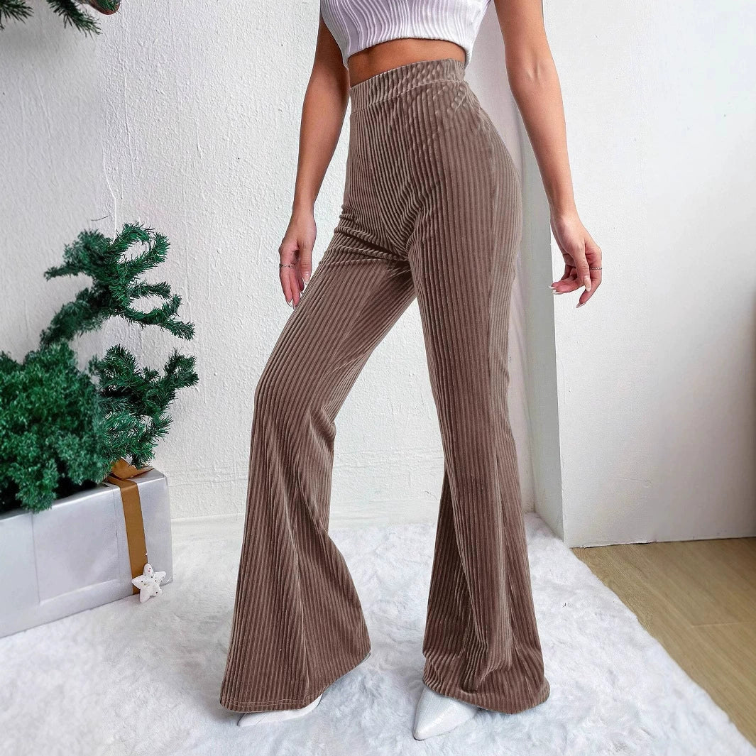 Women’s Flared Pants – High Waist – Ribbed Stretch Fabric – Wide Leg Floor Length