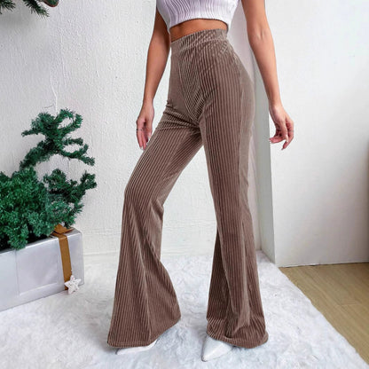 Women’s Flared Pants – High Waist – Ribbed Stretch Fabric – Wide Leg Floor Length
