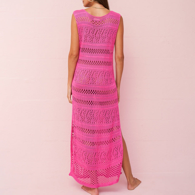 Women’s Knit Dress – Slim Fit – Sleeveless – Open Knit – Full Length Side Slit