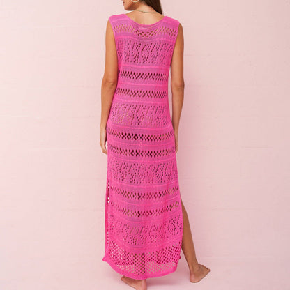 Women’s Knit Dress – Slim Fit – Sleeveless – Open Knit – Full Length Side Slit