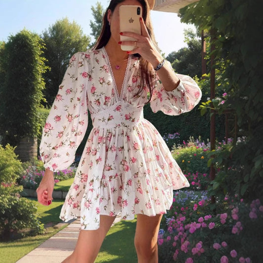 Lace Trim Floral Puff Sleeve A-Line Dress