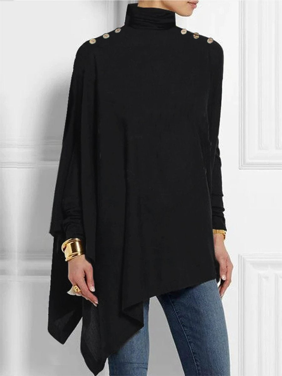 Women's Batwing Sleeve Top - High Neck - Asymmetrical Hem - Artistic Face Print