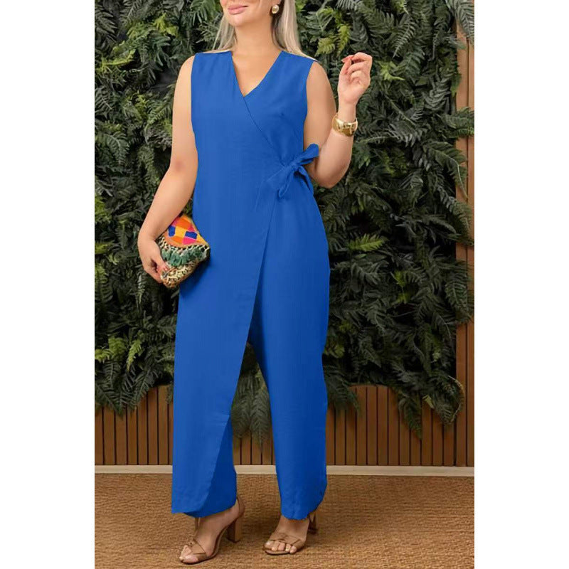 Women’s Jumpsuit – Lightweight Cotton Blend – V-Neck Wrap – Sleeveless – Wide Leg