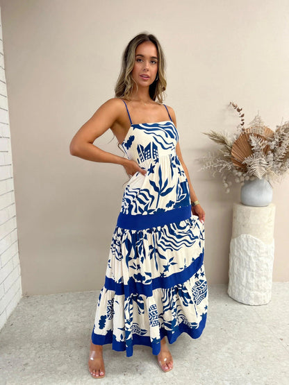 Women’s Maxi Dress – Flowy A-Line Silhouette – Tiered Layers – Spaghetti Straps