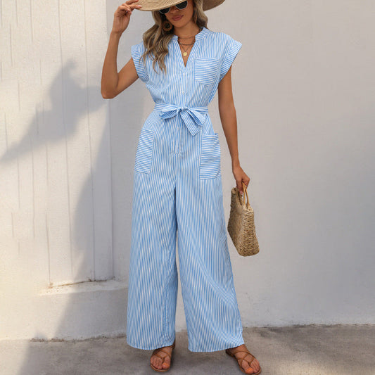 Striped Tie Waist Wide Leg Jumpsuit