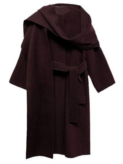 Women’s Long Coat – Wool Blend – Relaxed Fit – Belted Waist – Integrated Scarf
