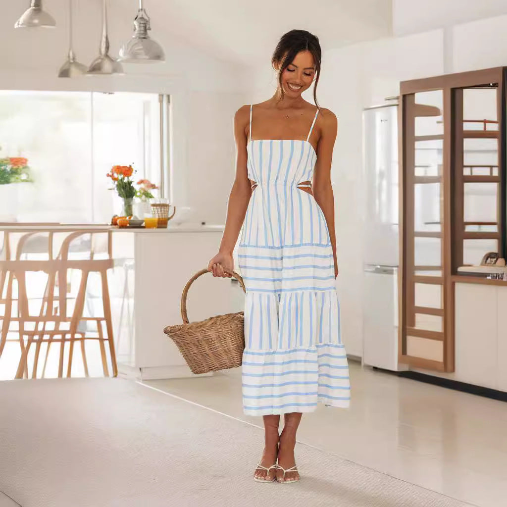 Women’s Long Dress – A-Line Fit – Spaghetti Straps – Cut-Out Waist – Tiered Skirt
