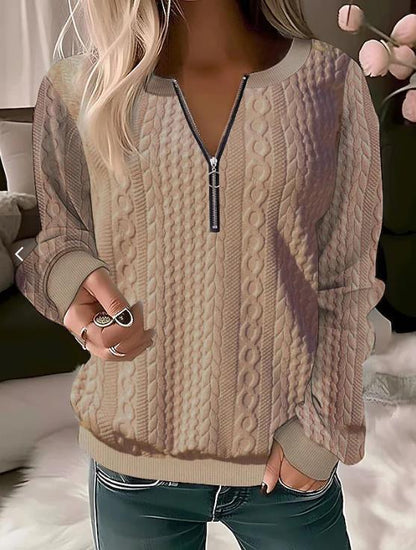 Women’s Sweater – Wool Blend – Cable Knit – Relaxed Fit – Zip Neckline – Ribbed Trim
