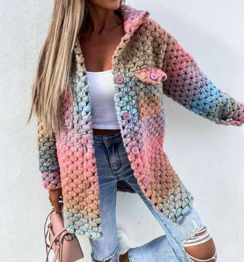 Women’s Crocheted Cardigan - Chunky Knit - Mid-Length - Button Front with Pockets