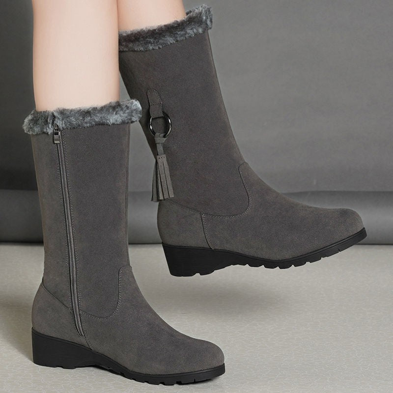 Suede-Like Mid-Calf Wedge Boots