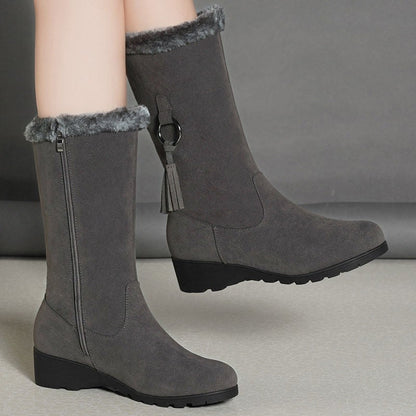 Women’s Boots - Suede-Like - Mid-Calf Height - Low Wedge Heel - Tassel Detail