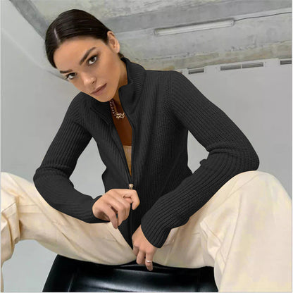 Women’s Cardigan – Fitted Knit – High Collar – Ribbed Texture – Zipper Front – Long Sleeve