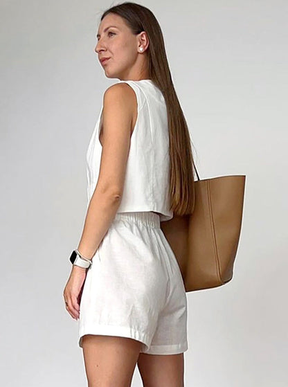 Women's Sleeveless 2-Piece Set - Button-Up V-Neck - Lightweight Tailored Fit