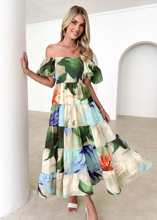 Smocked Off-Shoulder Flowing Maxi Dress
