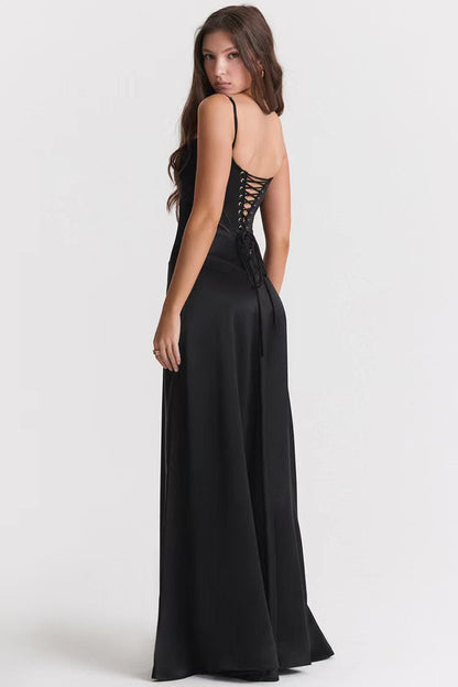 Women’s Evening Gown – Satin Finish – Spaghetti Strap – Open Back – Floor Length