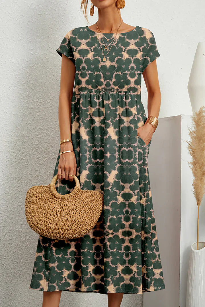 Women's Midi Dress - Floral Print - Short Sleeve - Loose Fit - Lightweight Fabric