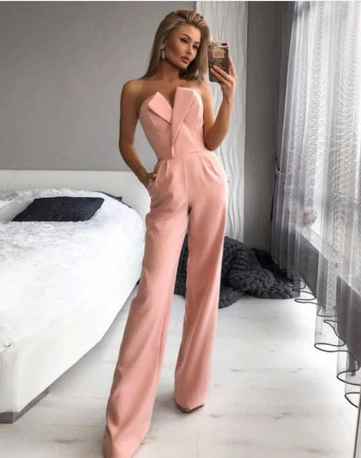 Asymmetrical Neckline Tailored Wide Leg Jumpsuit