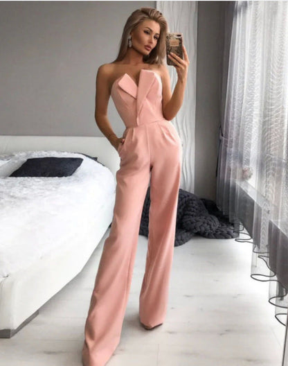 Women’s Jumpsuit – Strapless Asymmetrical Neckline – Tailored Fit – Wide Leg Formal