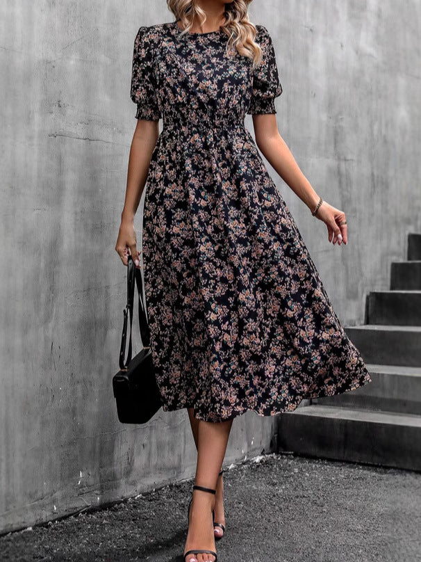 Women's Floral Midi Dress - Puff Sleeves - Smocked Waist - Elegant Garden Print