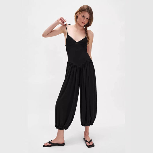 Backless Wide Leg Pleated Jumpsuit