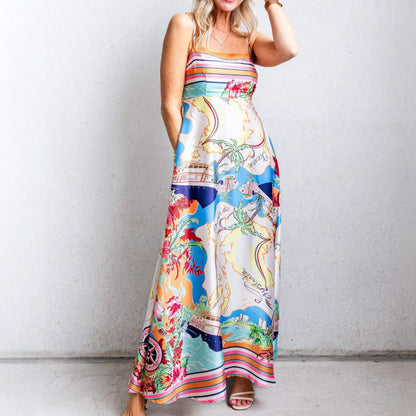 Women’s Maxi Dress – Fit and Flare – High Waist – Spaghetti Straps – Printed Resort Style