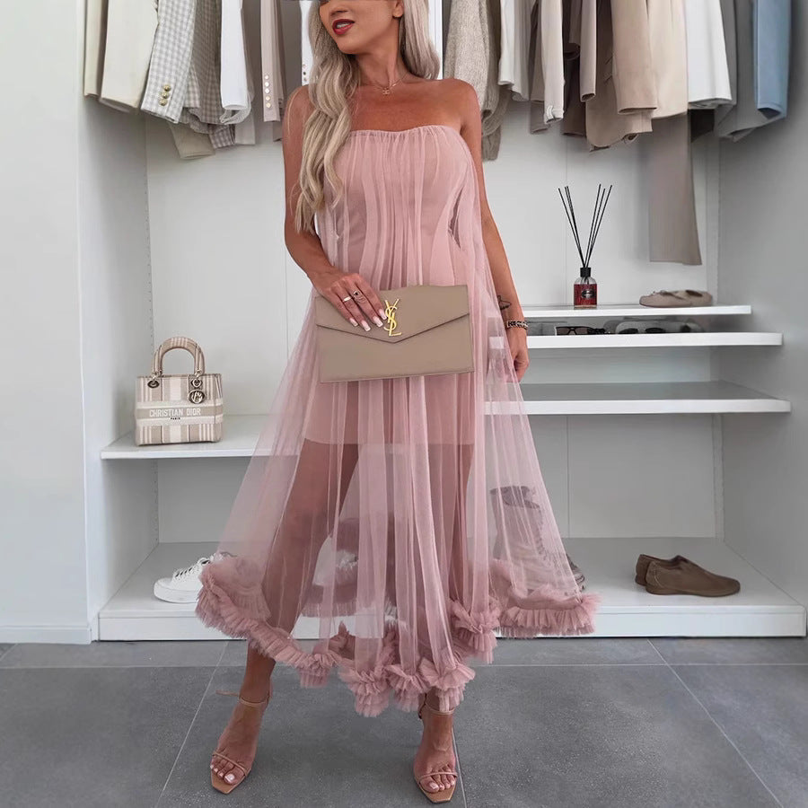 Ruffle Hem Tulle Overlay Midi Dress