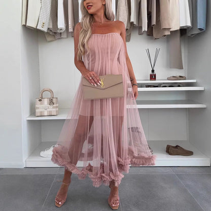 Women’s Strapless Midi Dress – Tulle Overlay – A-Line Relaxed Fit – Ruffle Hem