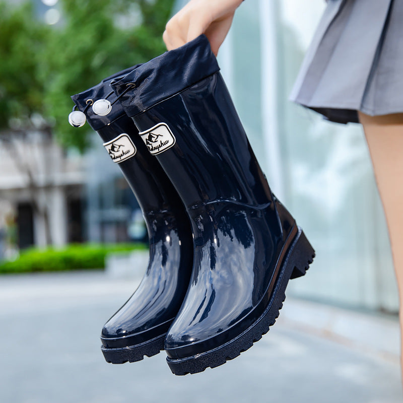 Waterproof Mid-Calf Drawstring Rain Boots