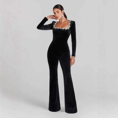 Women’s Jumpsuit – Slim Fit – Velvet Fabric – Embellished Neckline – Long Sleeve