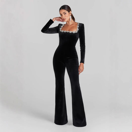 Velvet Slim Fit Embellished Neckline Jumpsuit