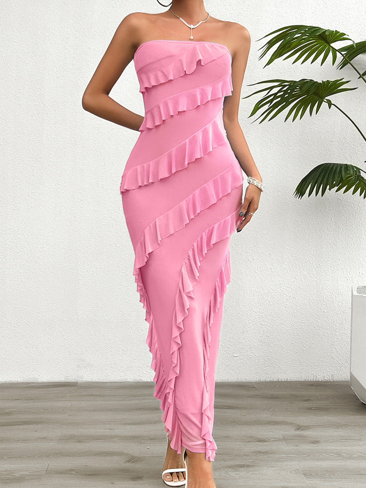Women’s Strapless Dress – Bodycon Fit – Full Length – Asymmetrical Ruffle Design