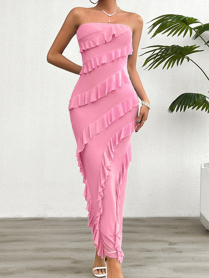 Women’s Strapless Dress – Bodycon Fit – Full Length – Asymmetrical Ruffle Design
