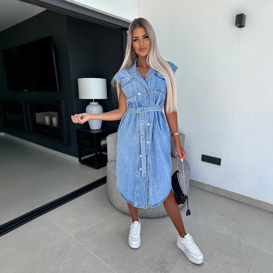 Belted Casual Fit Denim Midi Dress