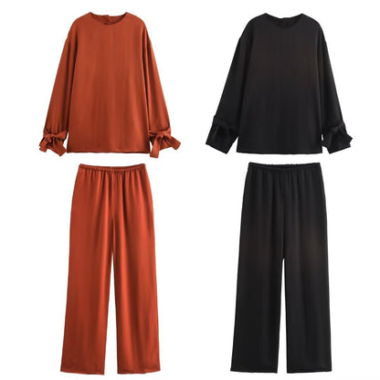 Women's long sleeve round neck top and casual pants set