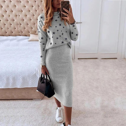 Women’s Two-Piece Set – Knit High Neck Top with Stars – Slim Fit Midi Skirt