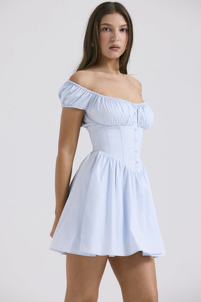 Women’s Mini Dress – Slim Fit – Puff Sleeve – Square Neck – Button Front